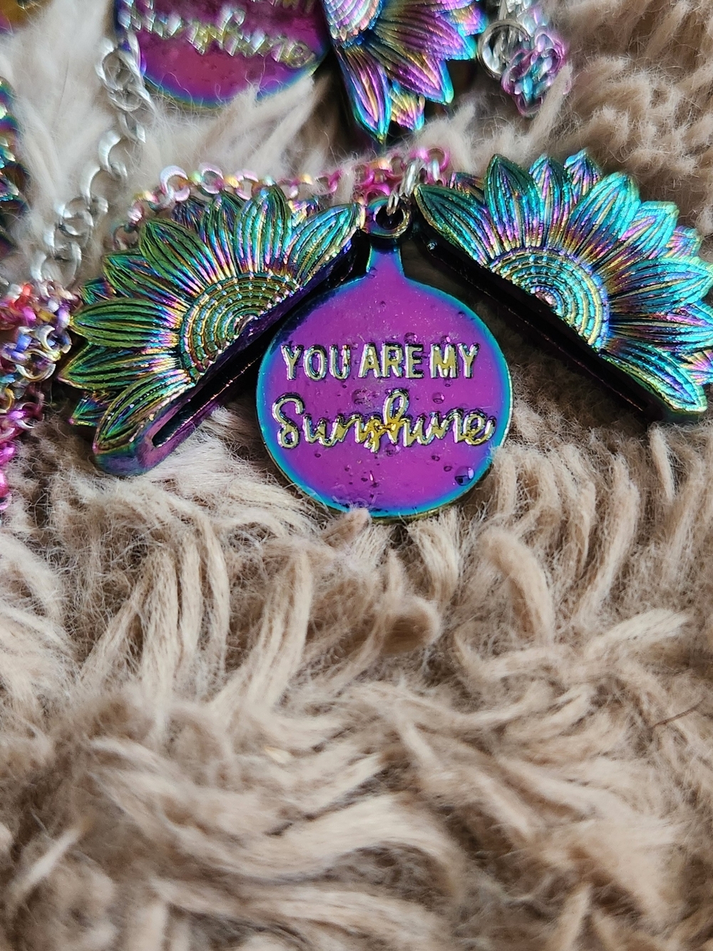 Iridized 'You Are My Sunshine' Sunflower Pendant Necklace - Pink/Blue